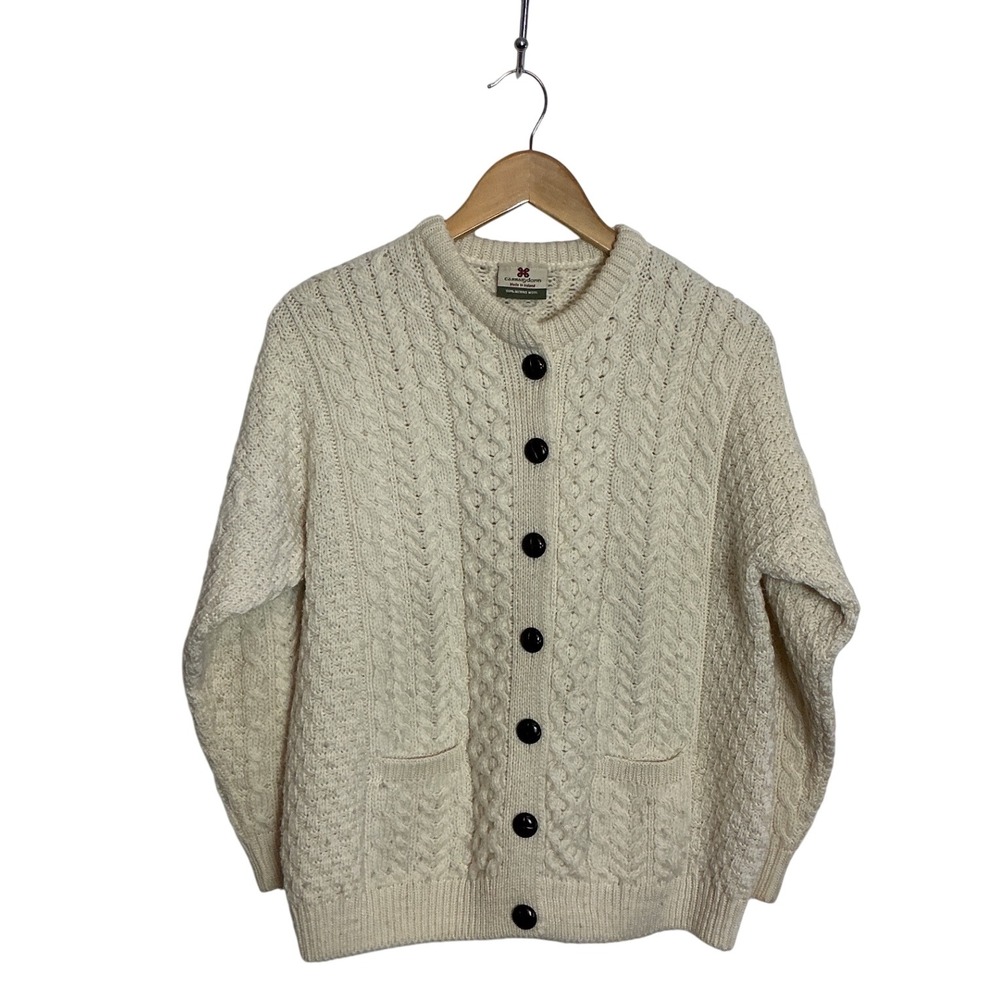 Carraig Donn Aran Cardigan Sweater Medium Ivory Wool Cable Knit Ireland Made